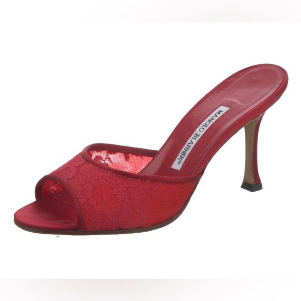 $495 Authentic Manolo Blahnik Red Lace Sandals Mules Heels Shoes 37.5 / 7.5 EUC